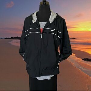 Reebok Lightweight Sporty Hooded Jacket in Black White and Gray, Size Large